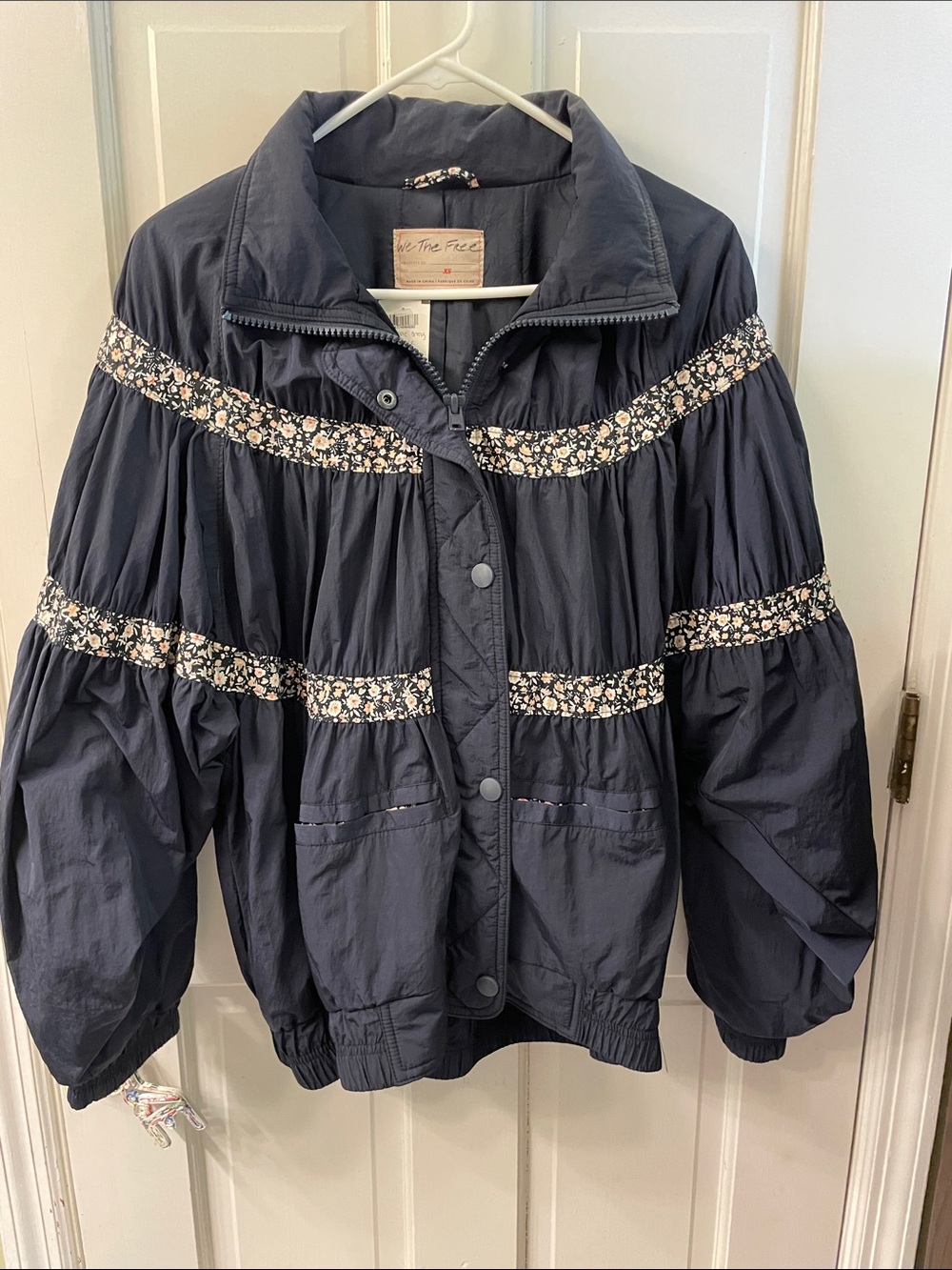 Free People Navy Bomber Jacket with Floral Trim
